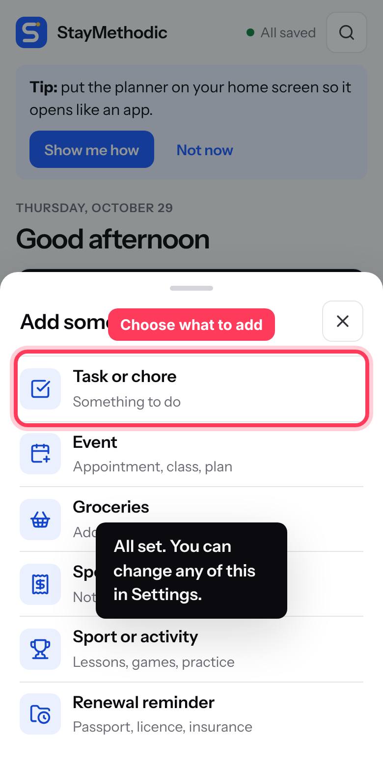 Choose what you want to add: a task, an event, groceries, spending, an activity or a renewal.