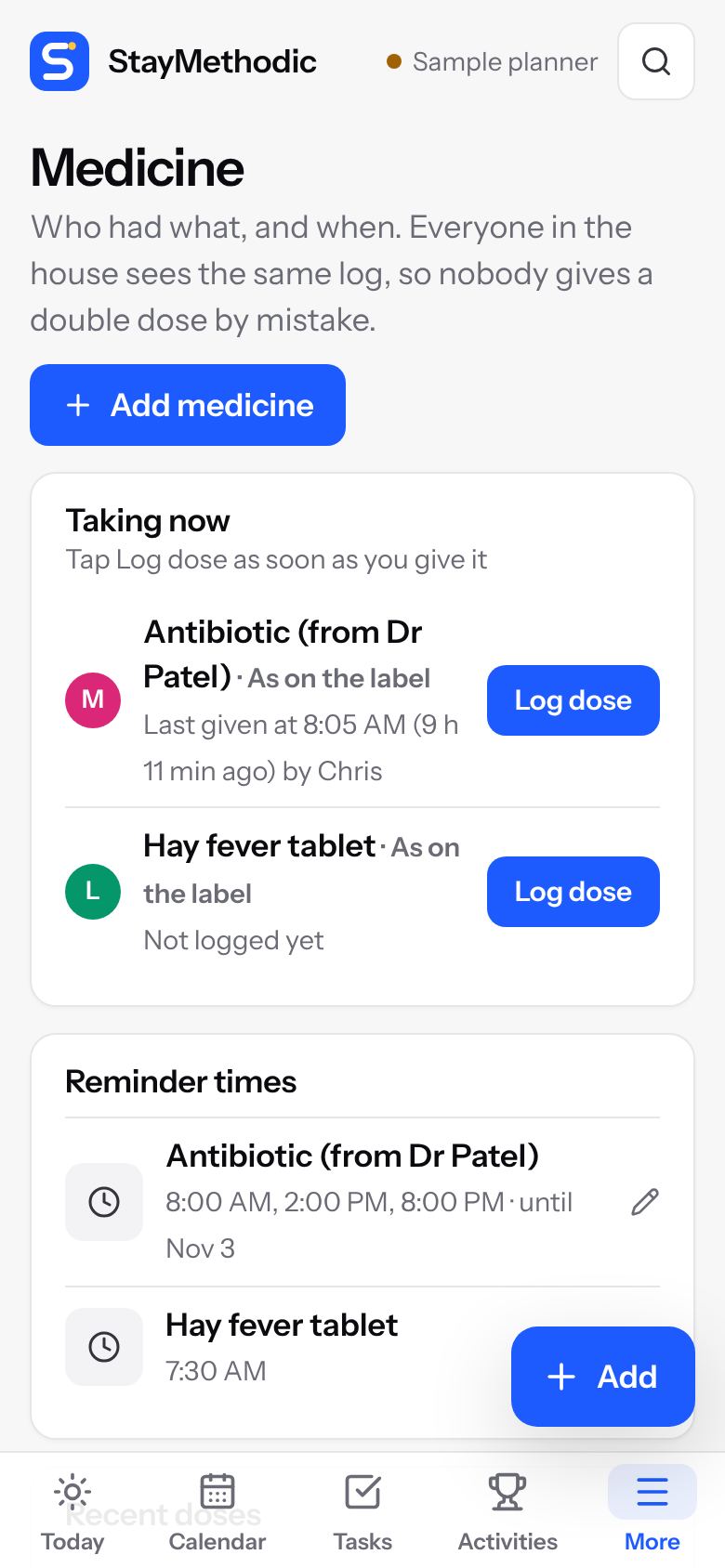 Medicine log on a phone, showing when each dose was last given and by whom