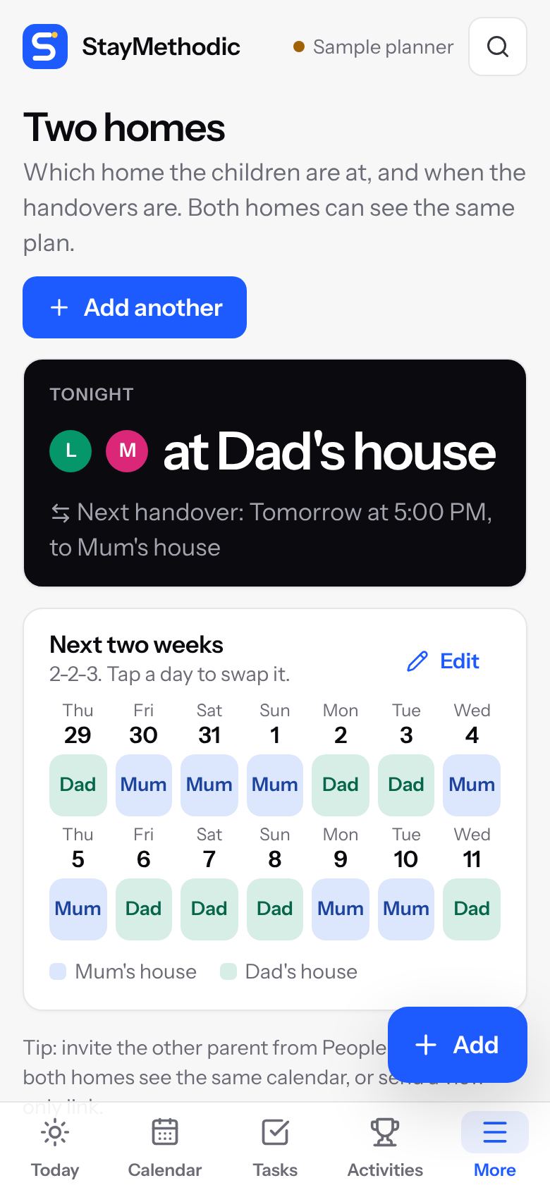 Two homes on a phone, showing where the children are tonight and the next handover