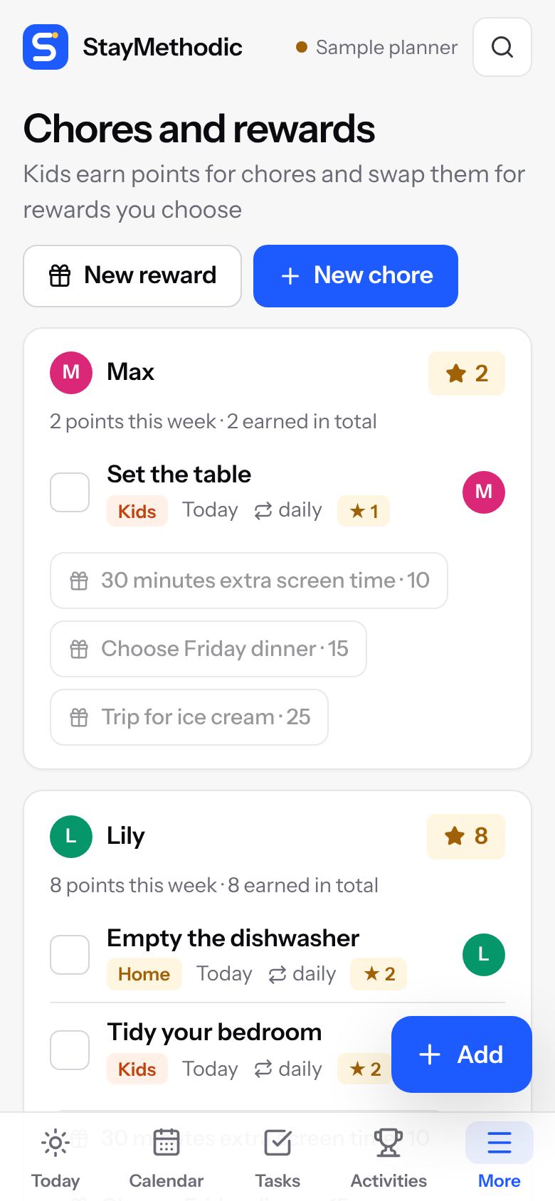 Chores and rewards on a phone