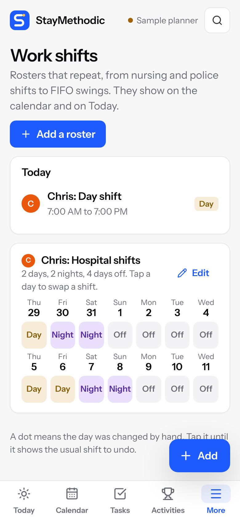 Work shifts on a phone, showing a two-week roster