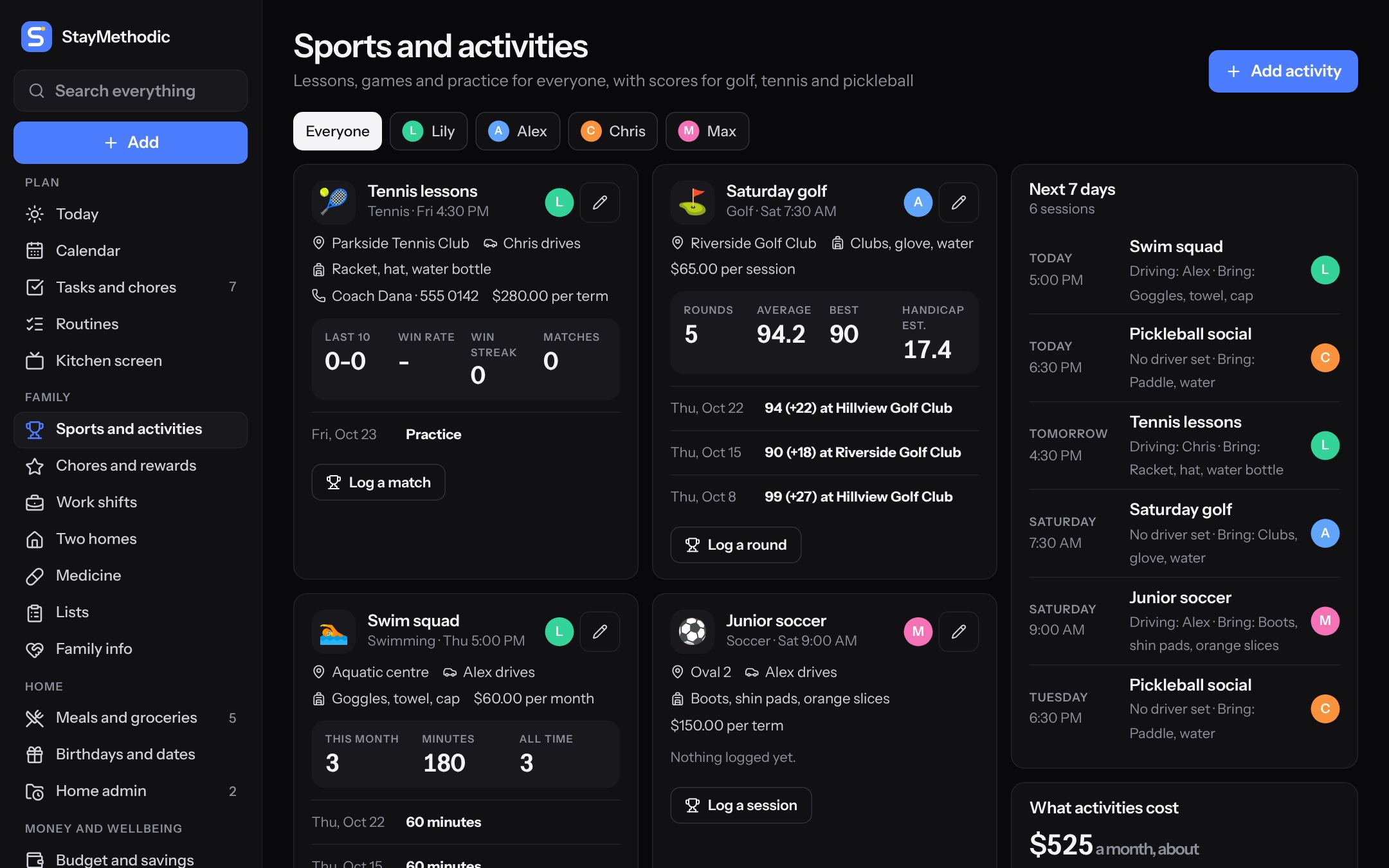 The sports page in dark mode with golf, tennis and pickleball stats