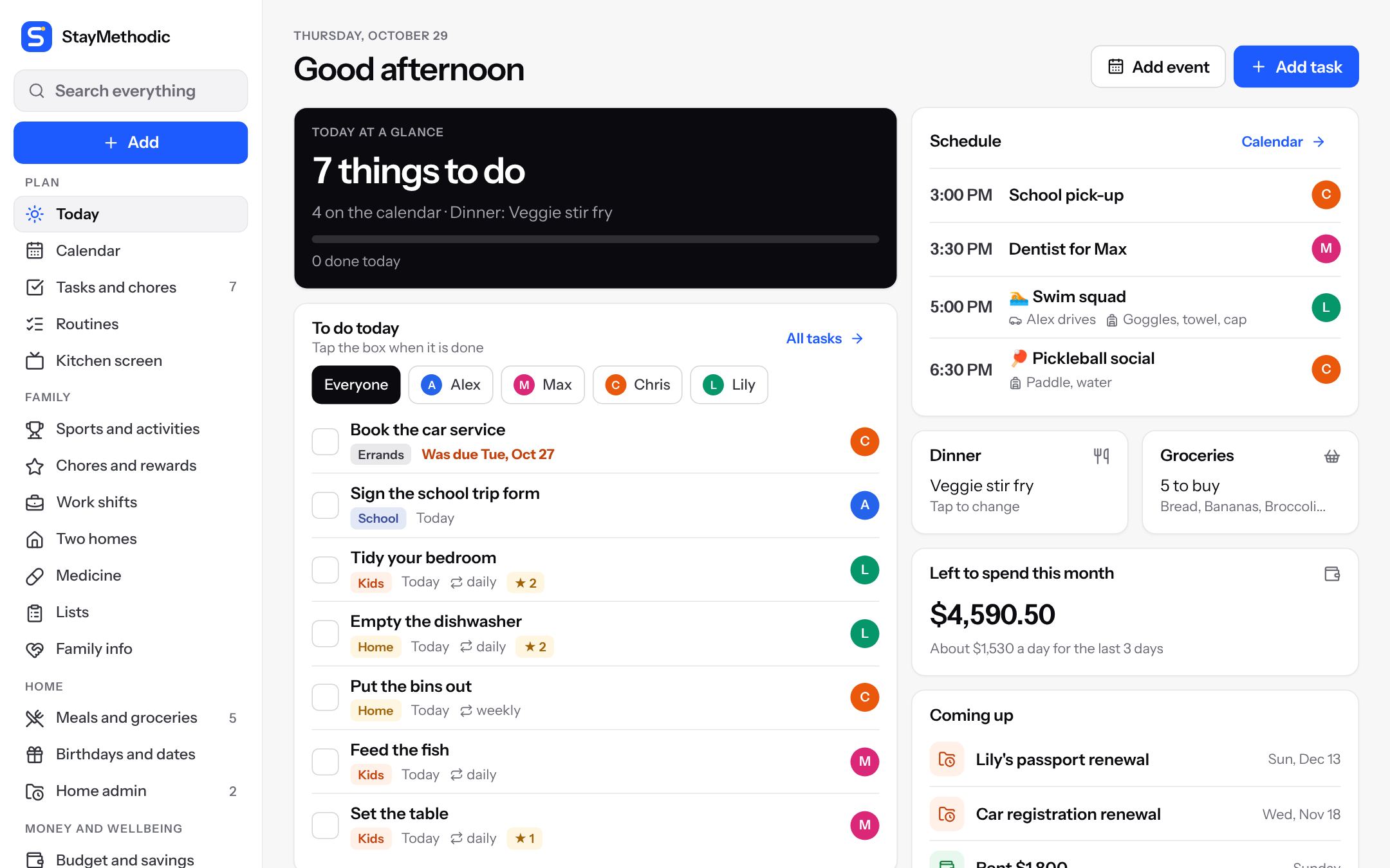 The planner's Today page on a computer, showing to-dos, the schedule, dinner, groceries and money left this month