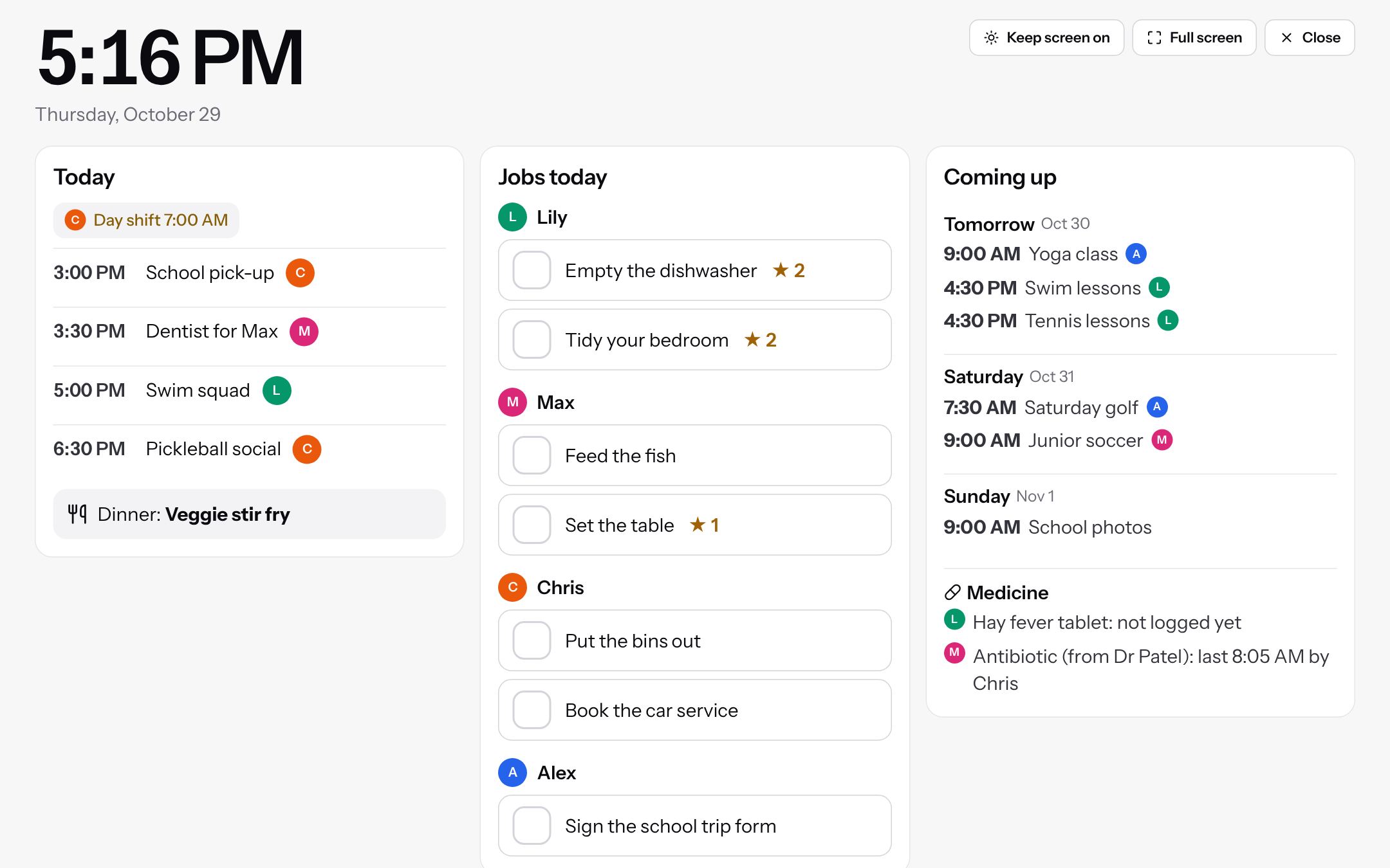 The kitchen screen with a large clock, today's schedule, each child's jobs and what is coming up